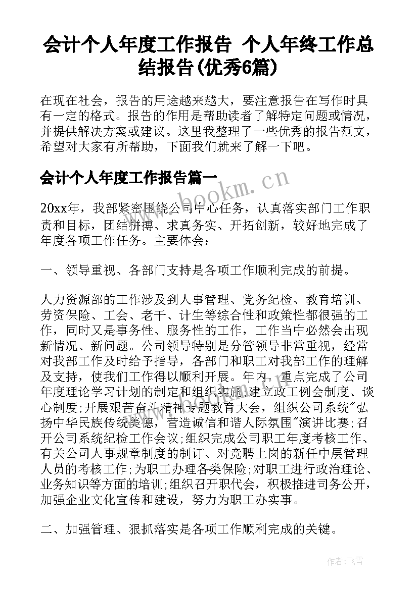 会计个人年度工作报告 个人年终工作总结报告(优秀6篇)