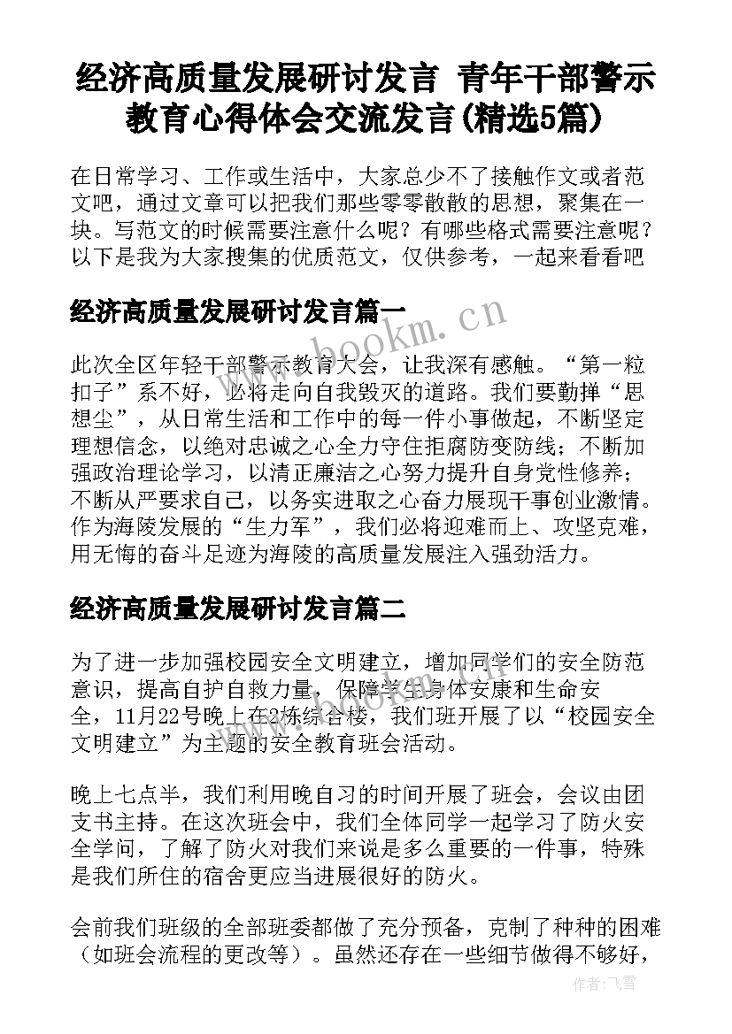 经济高质量发展研讨发言 青年干部警示教育心得体会交流发言(精选5篇)