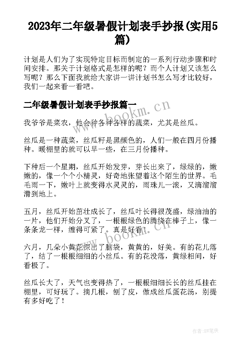 2023年二年级暑假计划表手抄报(实用5篇)