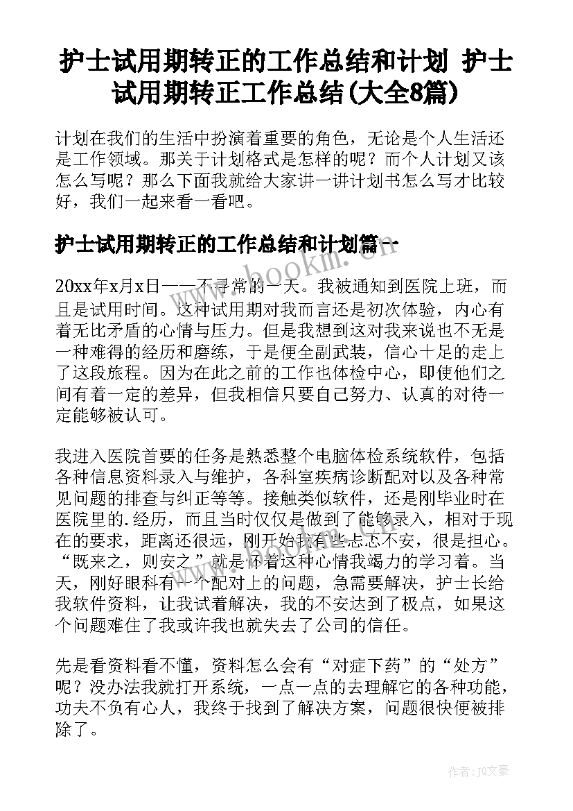 护士试用期转正的工作总结和计划 护士试用期转正工作总结(大全8篇)