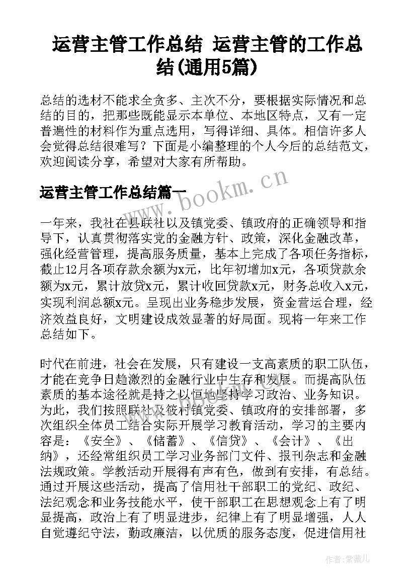 运营主管工作总结 运营主管的工作总结(通用5篇)