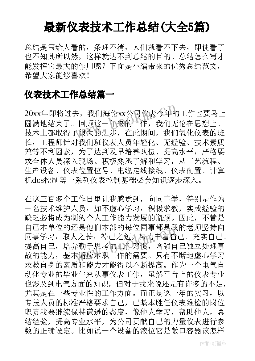 最新仪表技术工作总结(大全5篇)