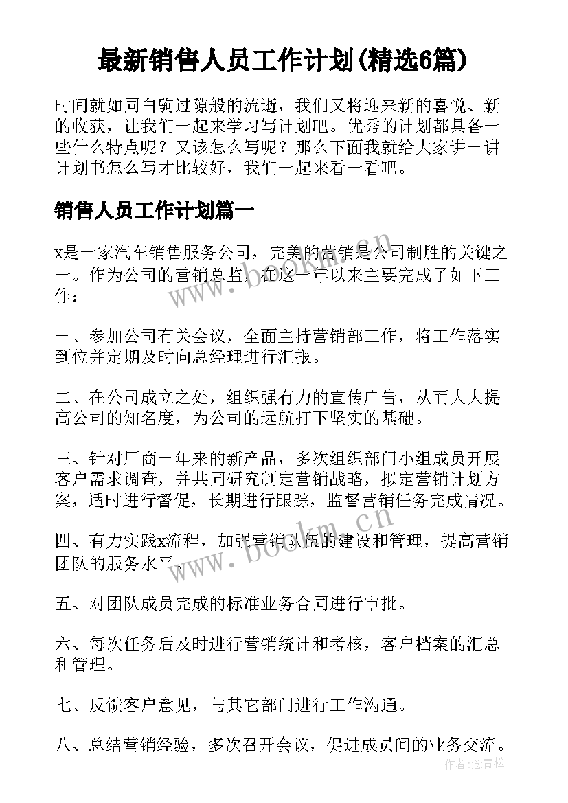 最新销售人员工作计划(精选6篇)