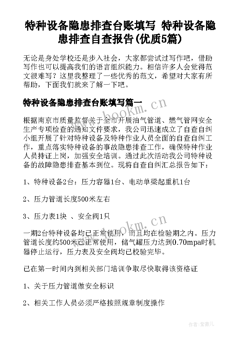 特种设备隐患排查台账填写 特种设备隐患排查自查报告(优质5篇)