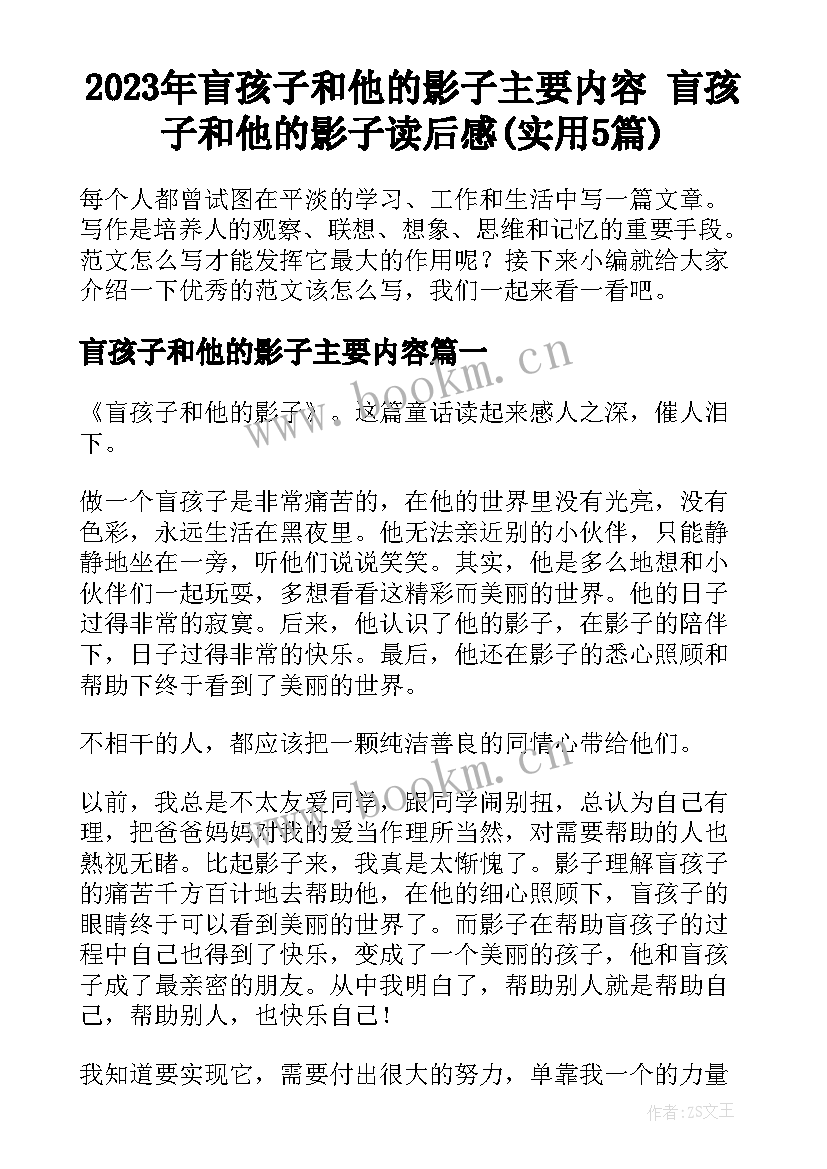 2023年盲孩子和他的影子主要内容 盲孩子和他的影子读后感(实用5篇)