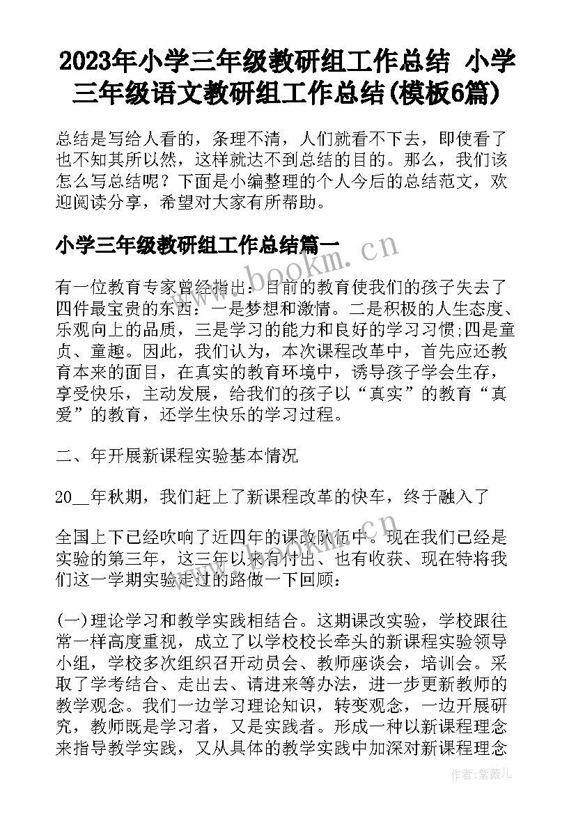 2023年小学三年级教研组工作总结 小学三年级语文教研组工作总结(模板6篇)