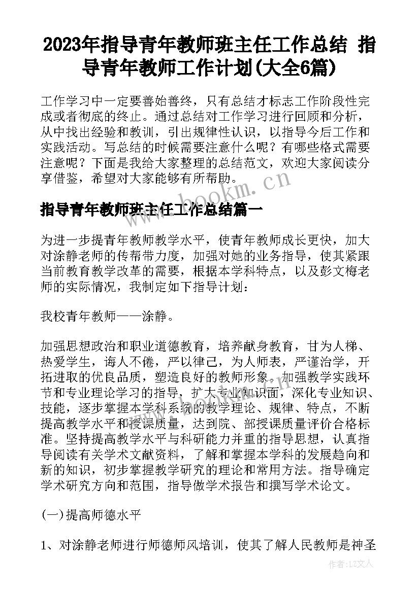 2023年指导青年教师班主任工作总结 指导青年教师工作计划(大全6篇)