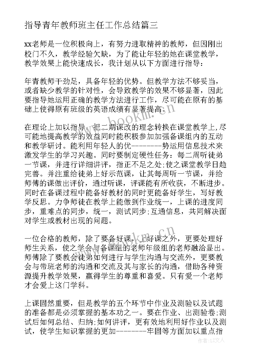 2023年指导青年教师班主任工作总结 指导青年教师工作计划(大全6篇)