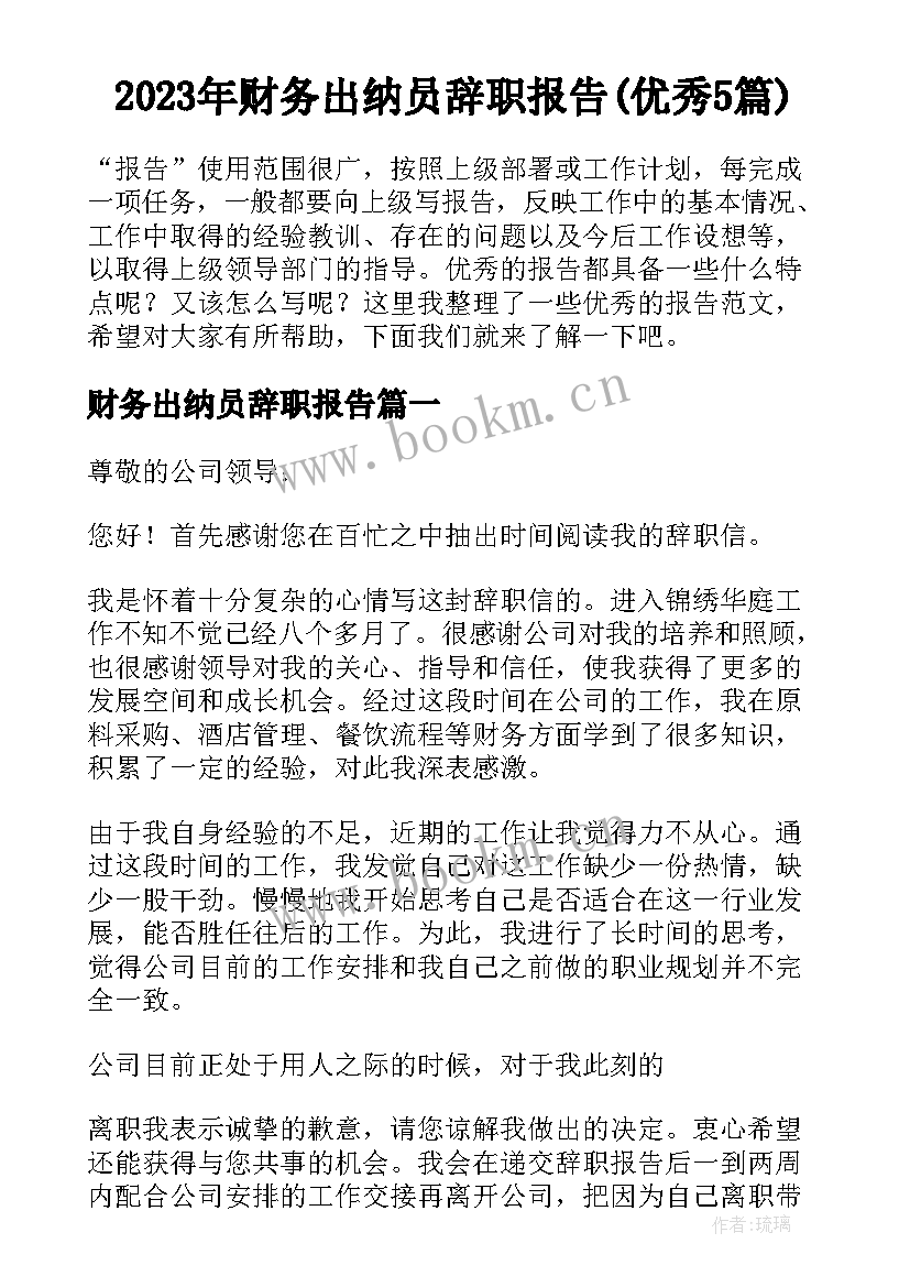 2023年财务出纳员辞职报告(优秀5篇)