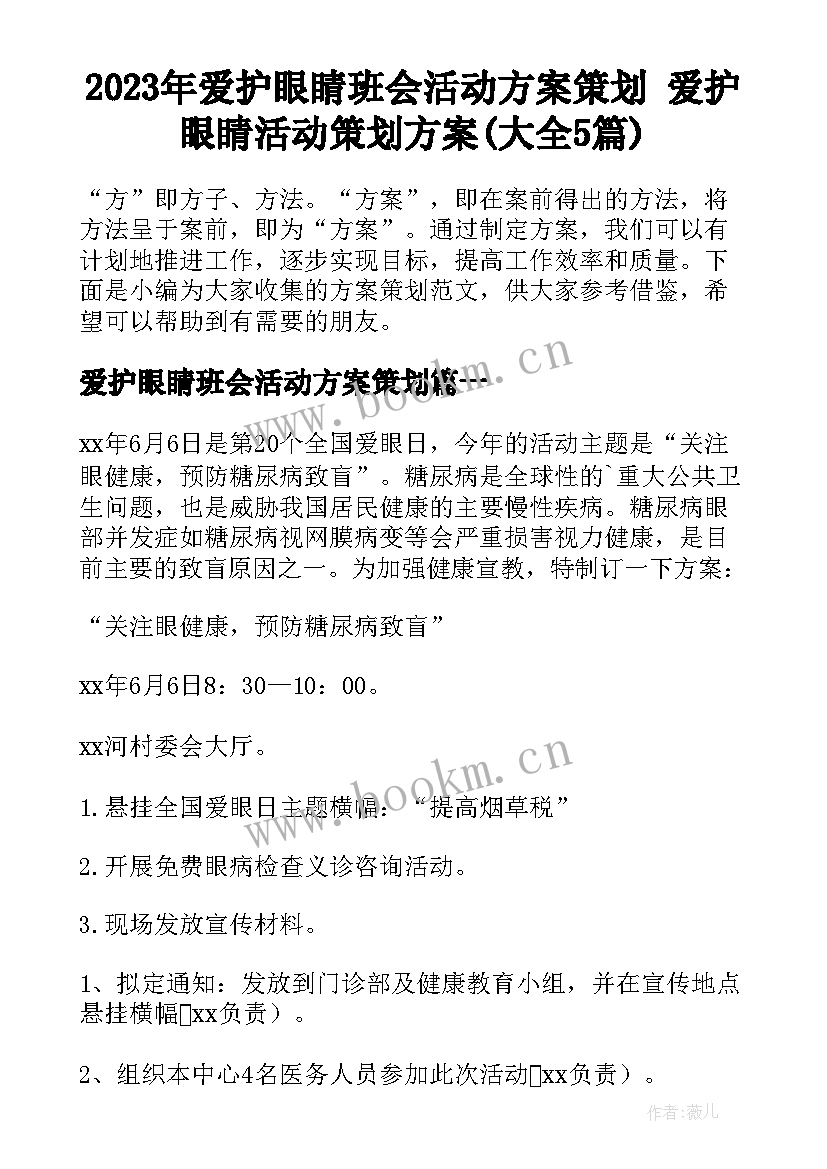 2023年爱护眼睛班会活动方案策划 爱护眼睛活动策划方案(大全5篇)