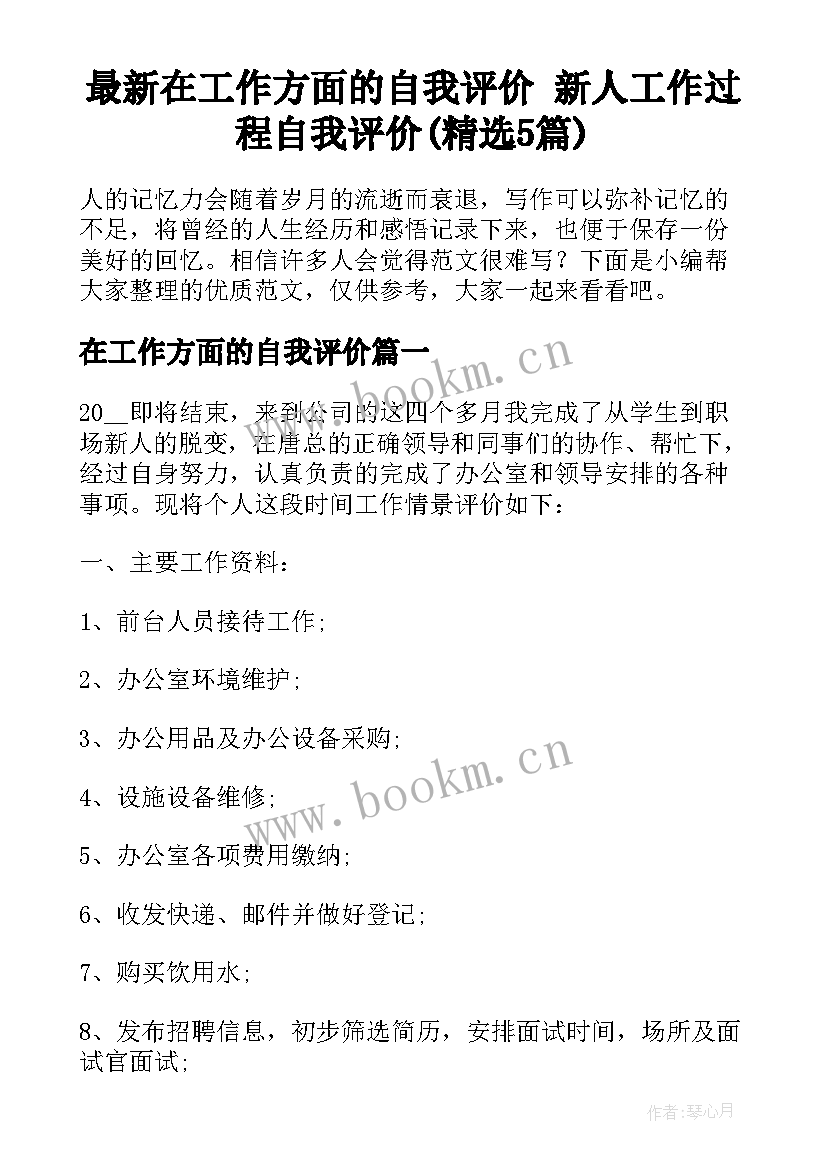 最新在工作方面的自我评价 新人工作过程自我评价(精选5篇)