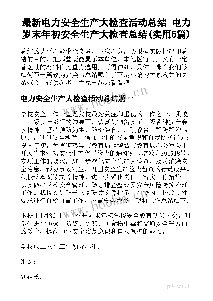 最新电力安全生产大检查活动总结 电力岁末年初安全生产大检查总结(实用5篇)