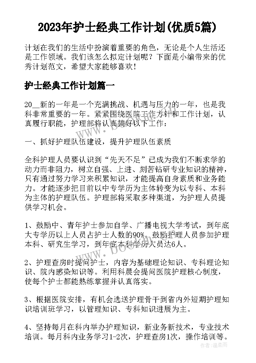 2023年护士经典工作计划(优质5篇)