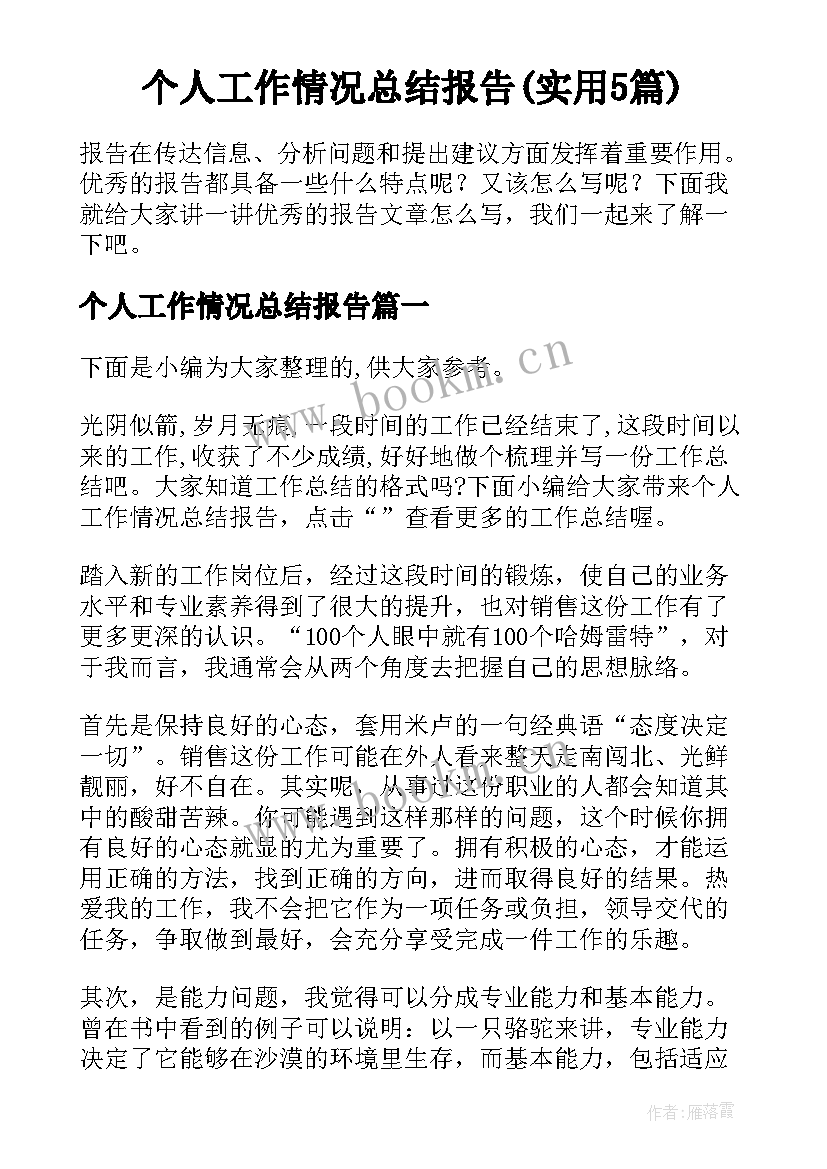 个人工作情况总结报告(实用5篇)