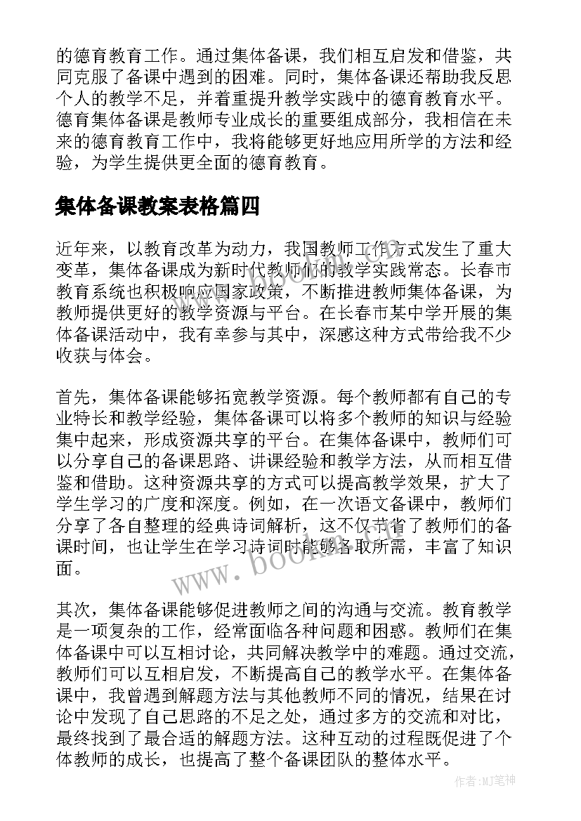 2023年集体备课教案表格 集体备课制度(汇总8篇)