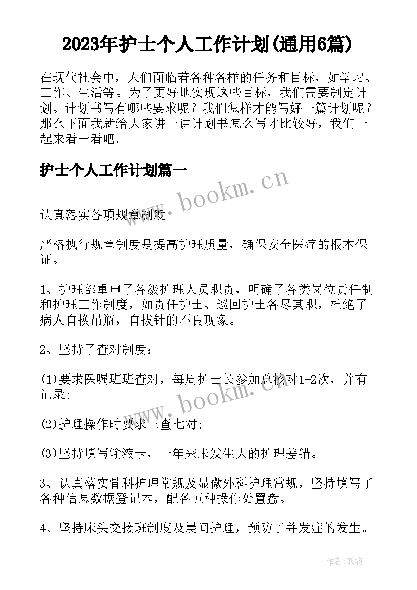 2023年护士个人工作计划(通用6篇)