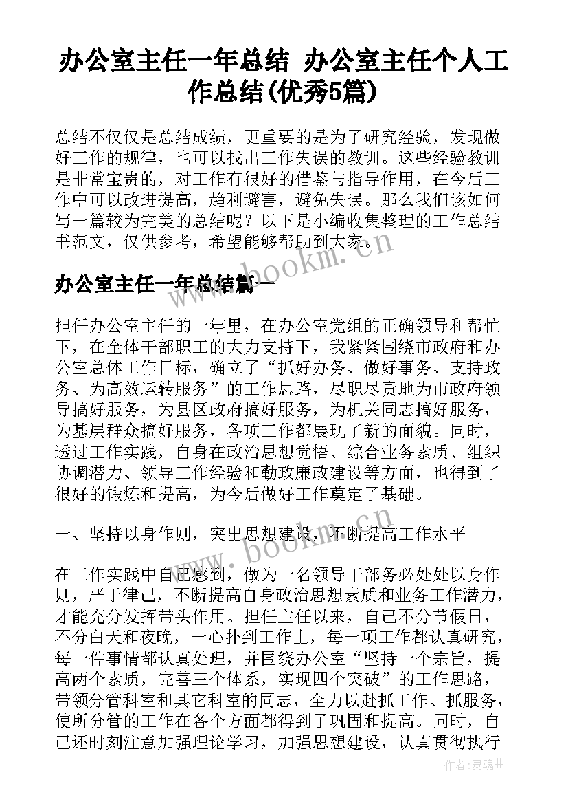 办公室主任一年总结 办公室主任个人工作总结(优秀5篇)