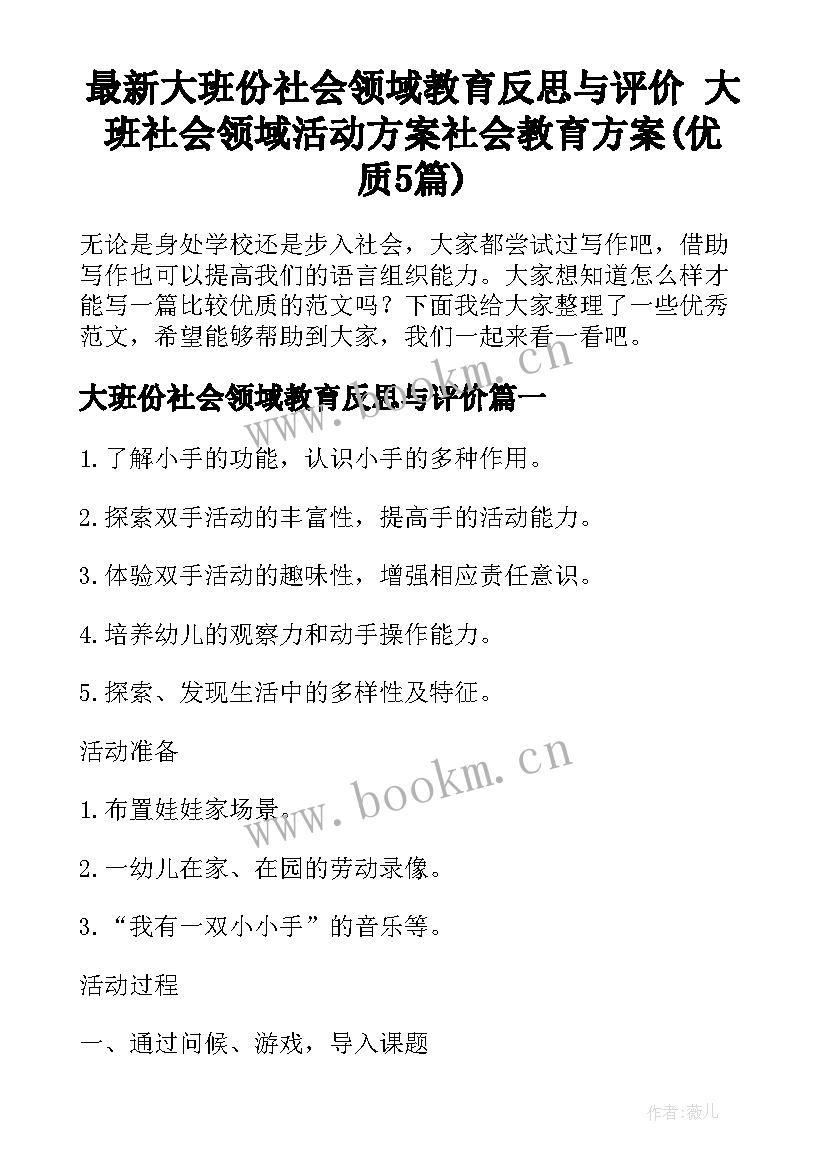 最新大班份社会领域教育反思与评价 大班社会领域活动方案社会教育方案(优质5篇)