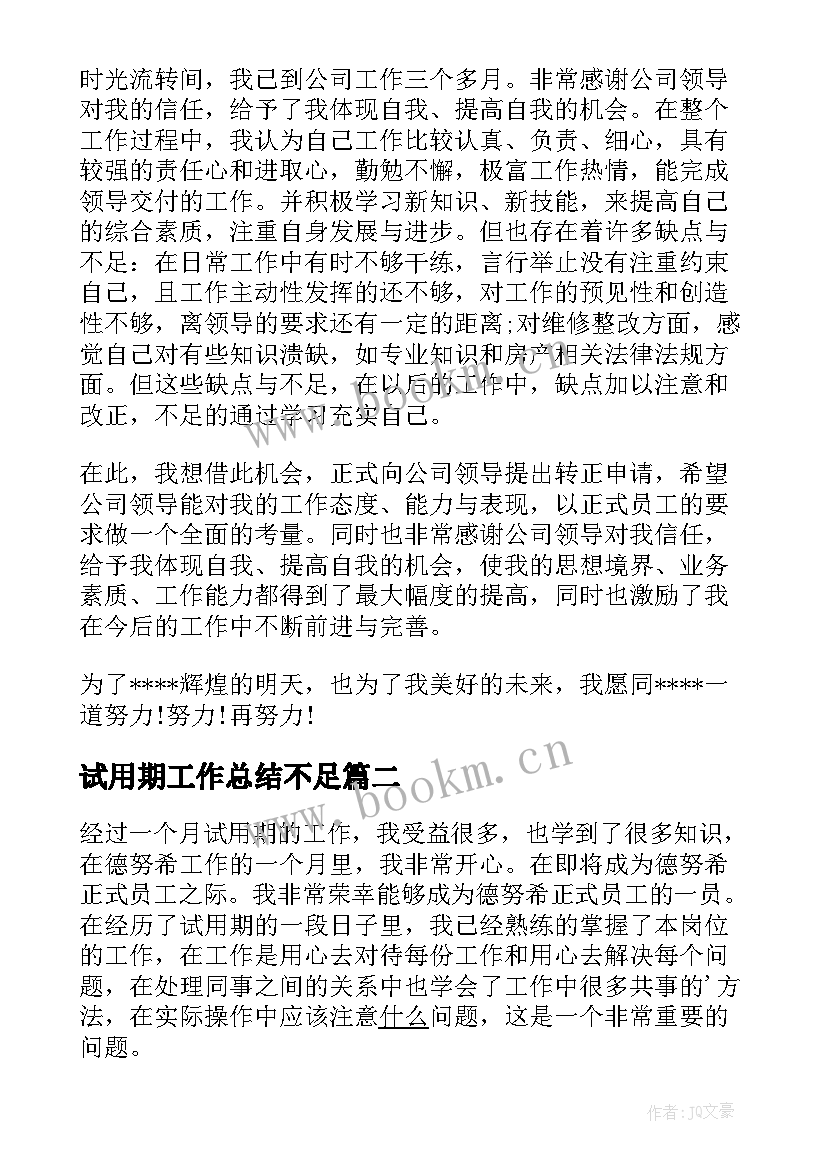 最新试用期工作总结不足 试用期满工作总结(模板10篇)