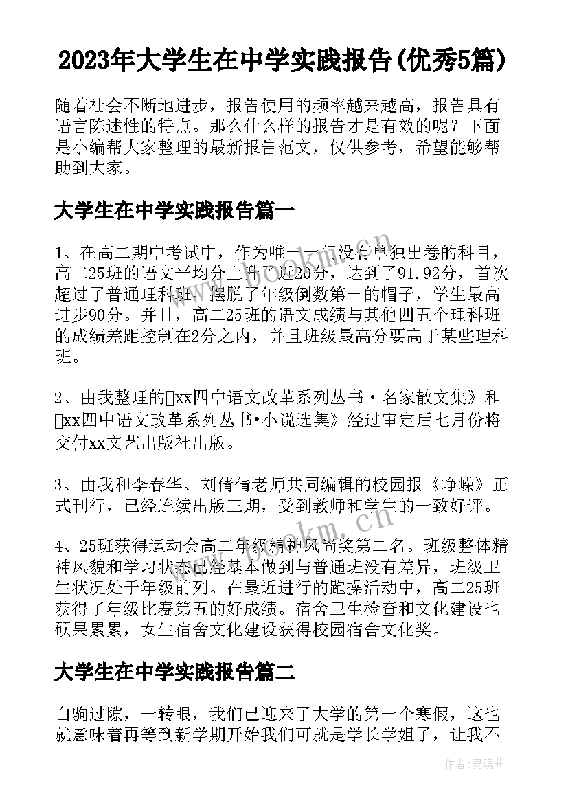 2023年大学生在中学实践报告(优秀5篇)