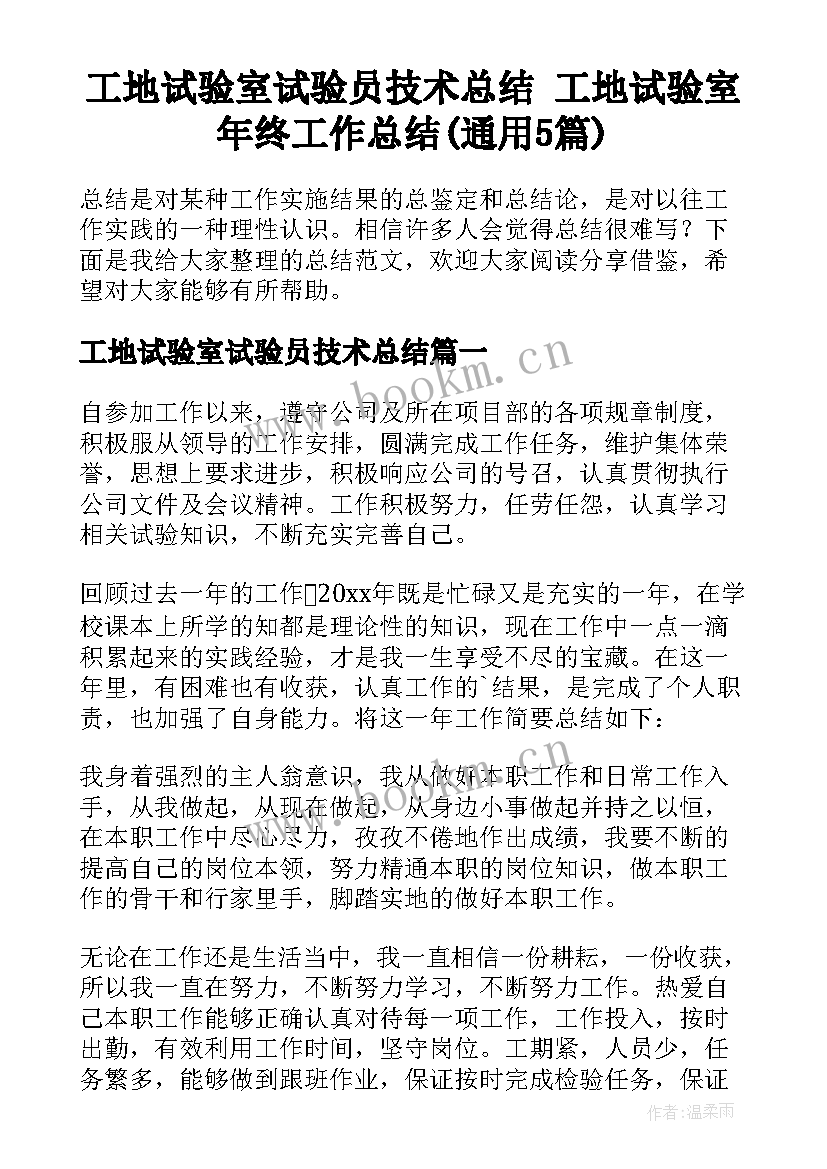 工地试验室试验员技术总结 工地试验室年终工作总结(通用5篇)