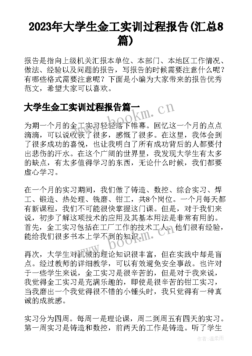 2023年大学生金工实训过程报告(汇总8篇)