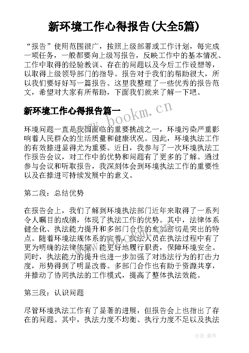 新环境工作心得报告(大全5篇)