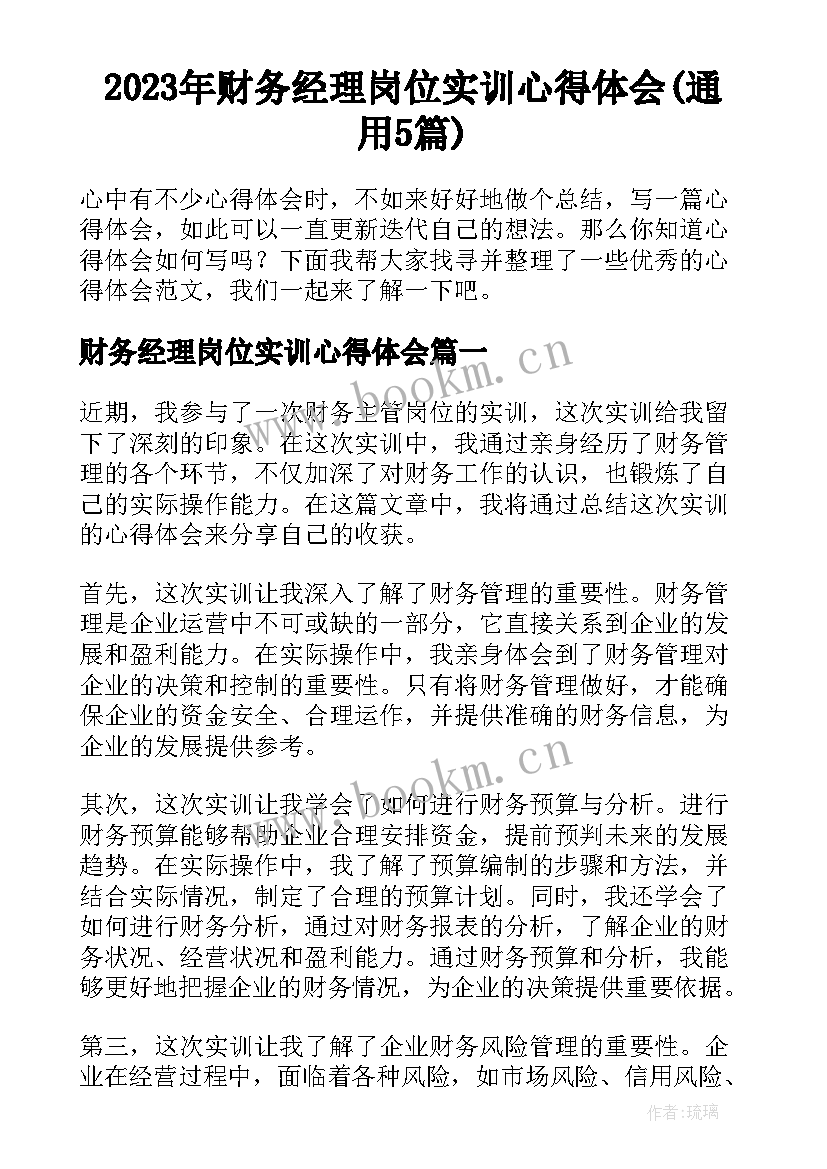 2023年财务经理岗位实训心得体会(通用5篇)