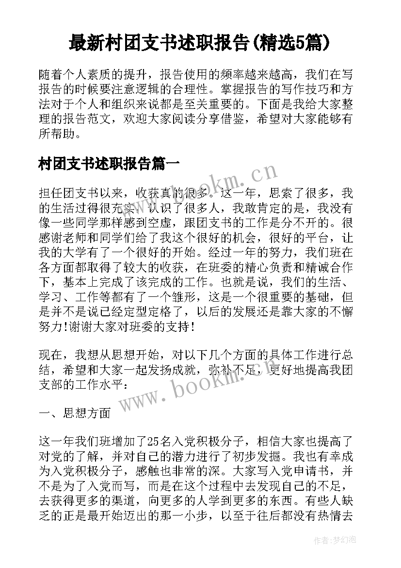 最新村团支书述职报告(精选5篇)