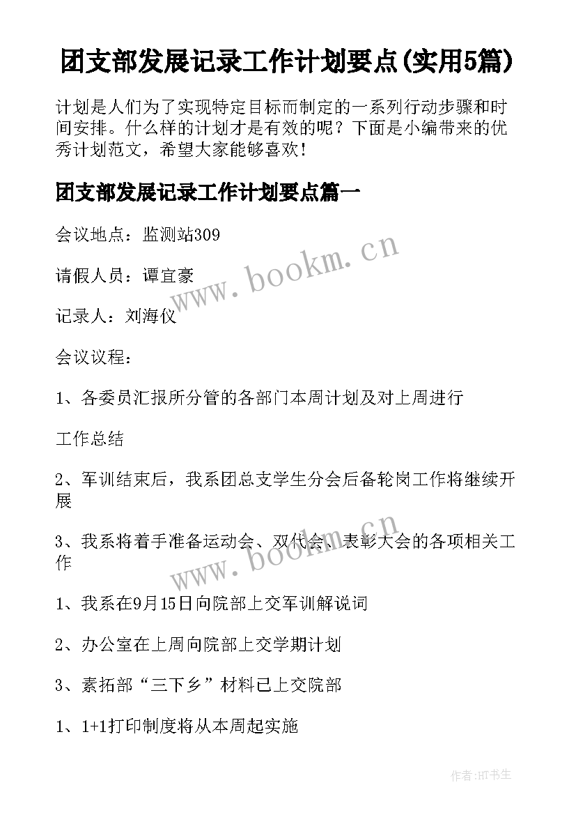 团支部发展记录工作计划要点(实用5篇)