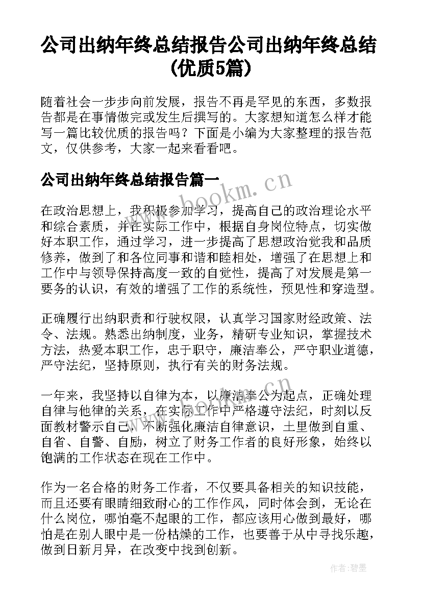 公司出纳年终总结报告 公司出纳年终总结(优质5篇)