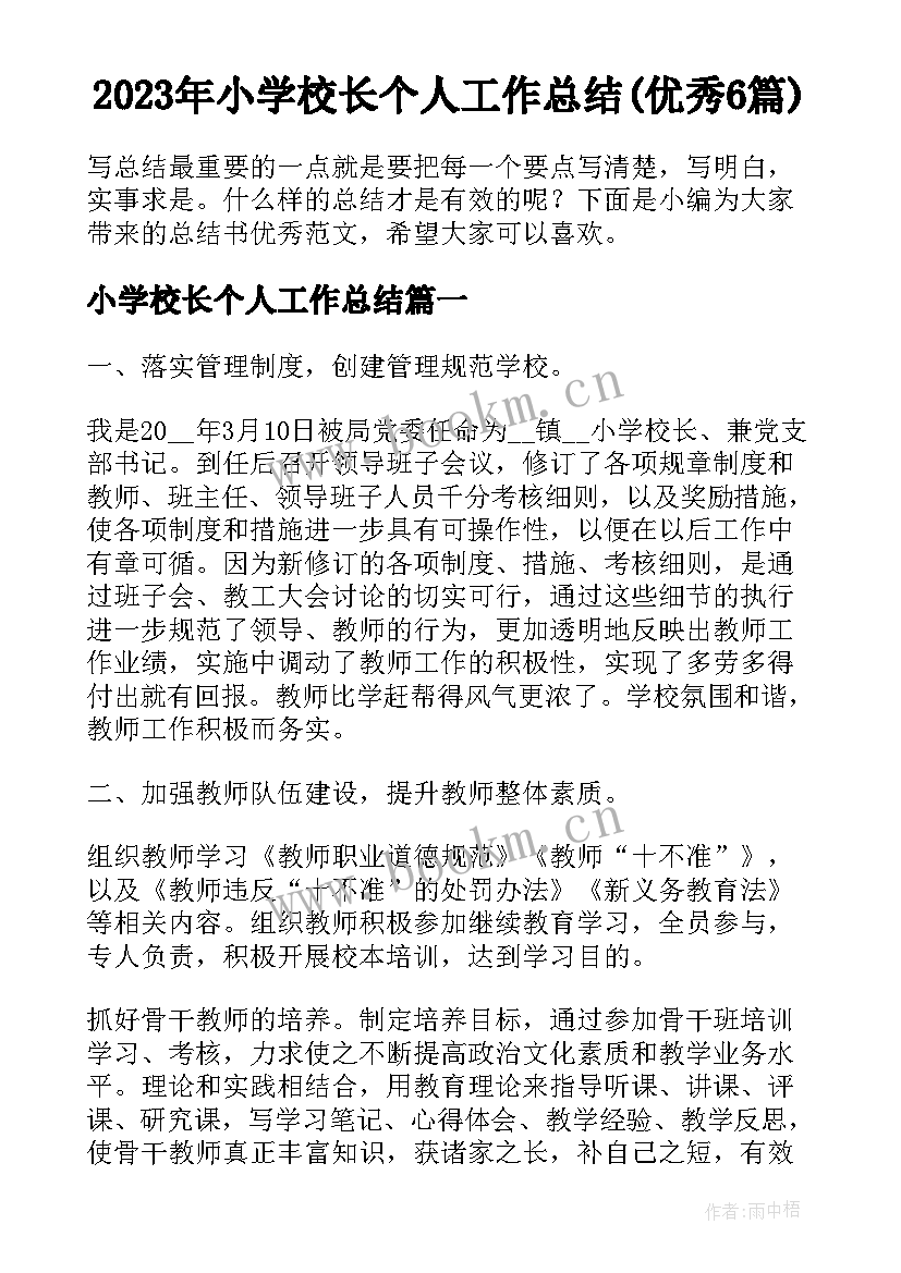 2023年小学校长个人工作总结(优秀6篇)