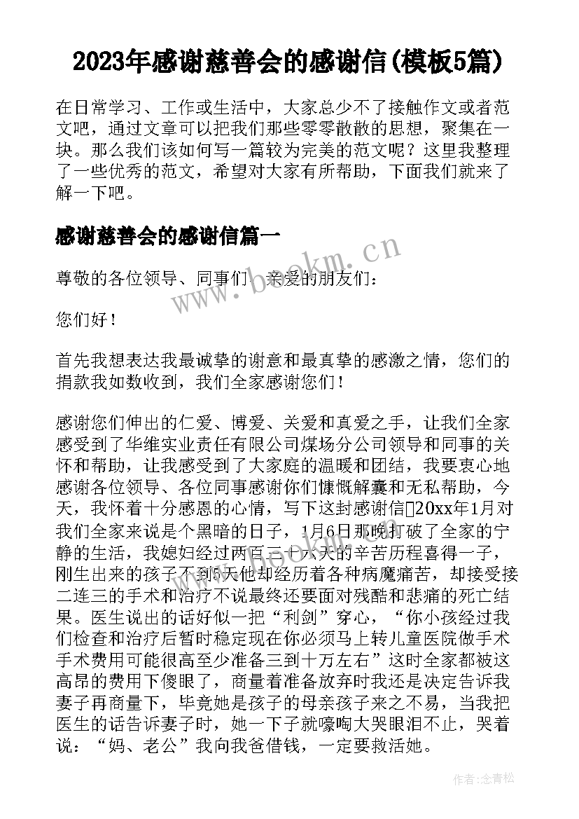 2023年感谢慈善会的感谢信(模板5篇)