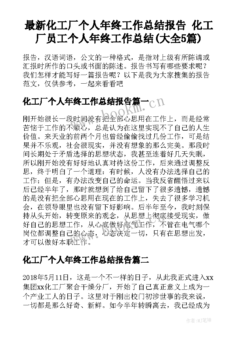 最新化工厂个人年终工作总结报告 化工厂员工个人年终工作总结(大全5篇)