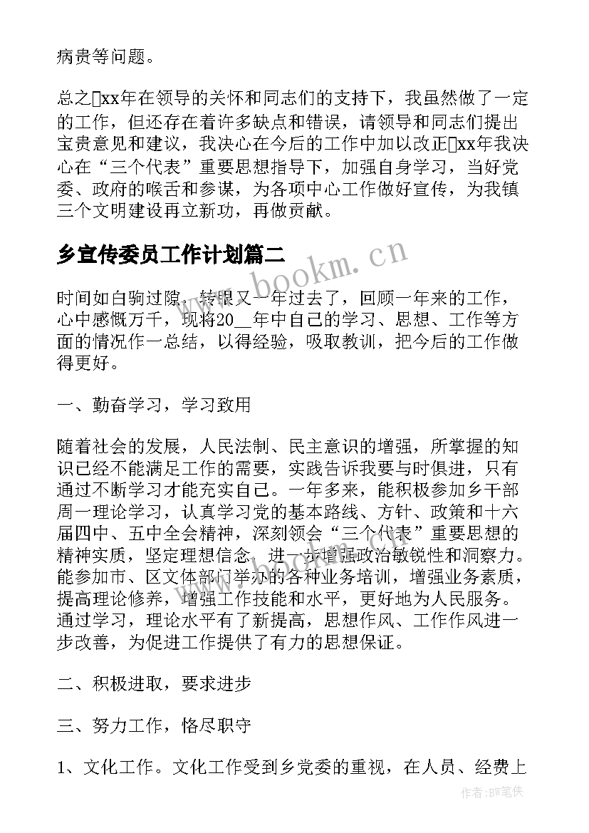 乡宣传委员工作计划(大全5篇)