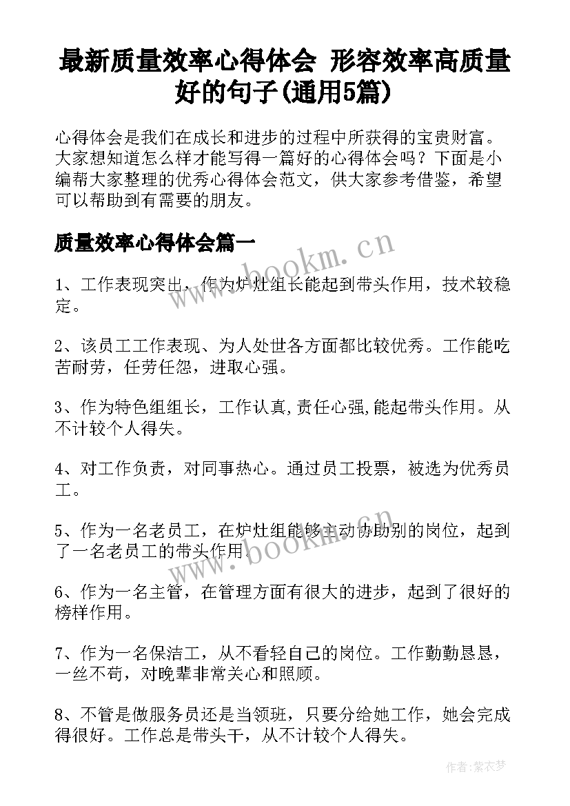 最新质量效率心得体会 形容效率高质量好的句子(通用5篇)