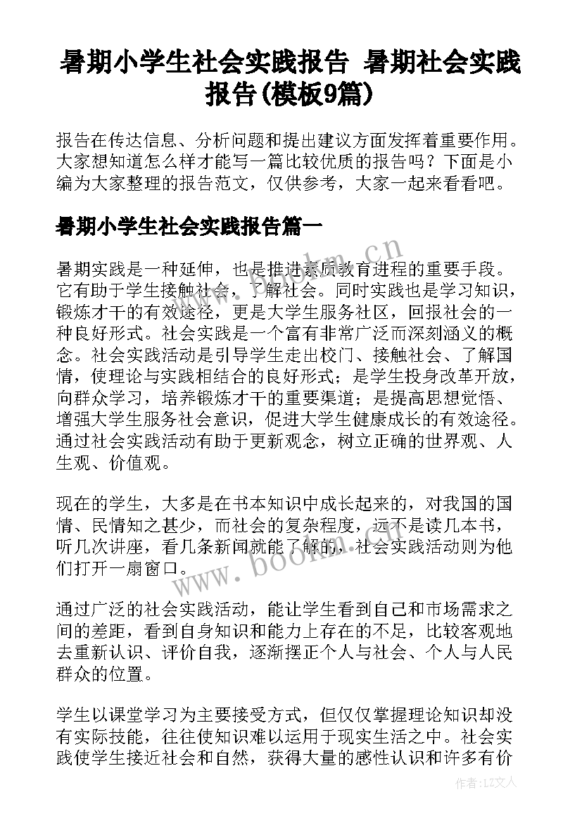 暑期小学生社会实践报告 暑期社会实践报告(模板9篇)