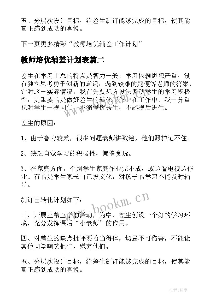 2023年教师培优辅差计划表 语文教师培优辅差工作计划(通用5篇)