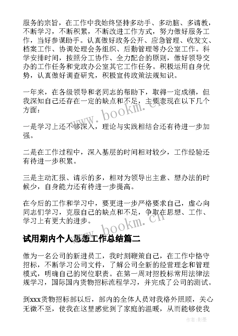 最新试用期内个人思想工作总结 试用期内思想工作总结(精选5篇)