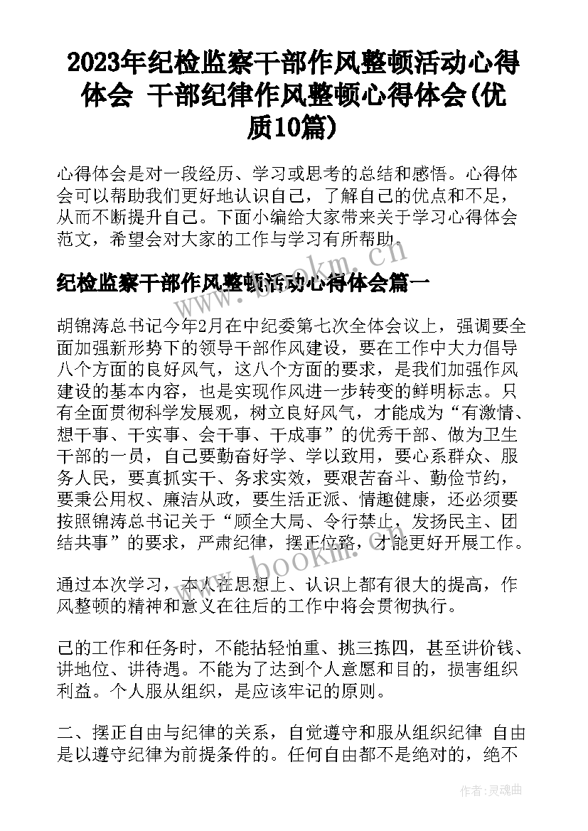 2023年纪检监察干部作风整顿活动心得体会 干部纪律作风整顿心得体会(优质10篇)