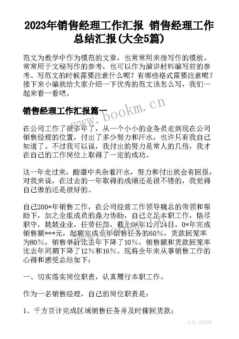 2023年销售经理工作汇报 销售经理工作总结汇报(大全5篇)