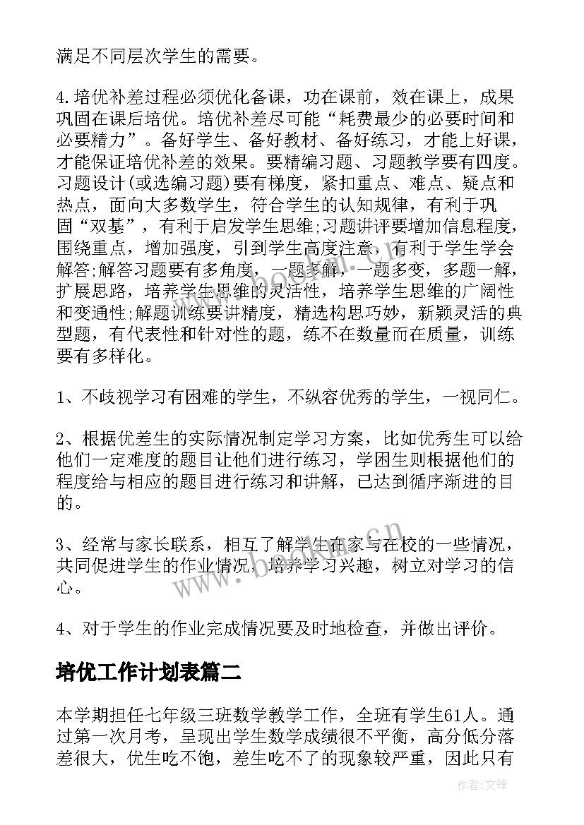 培优工作计划表 培优工作计划(通用8篇)