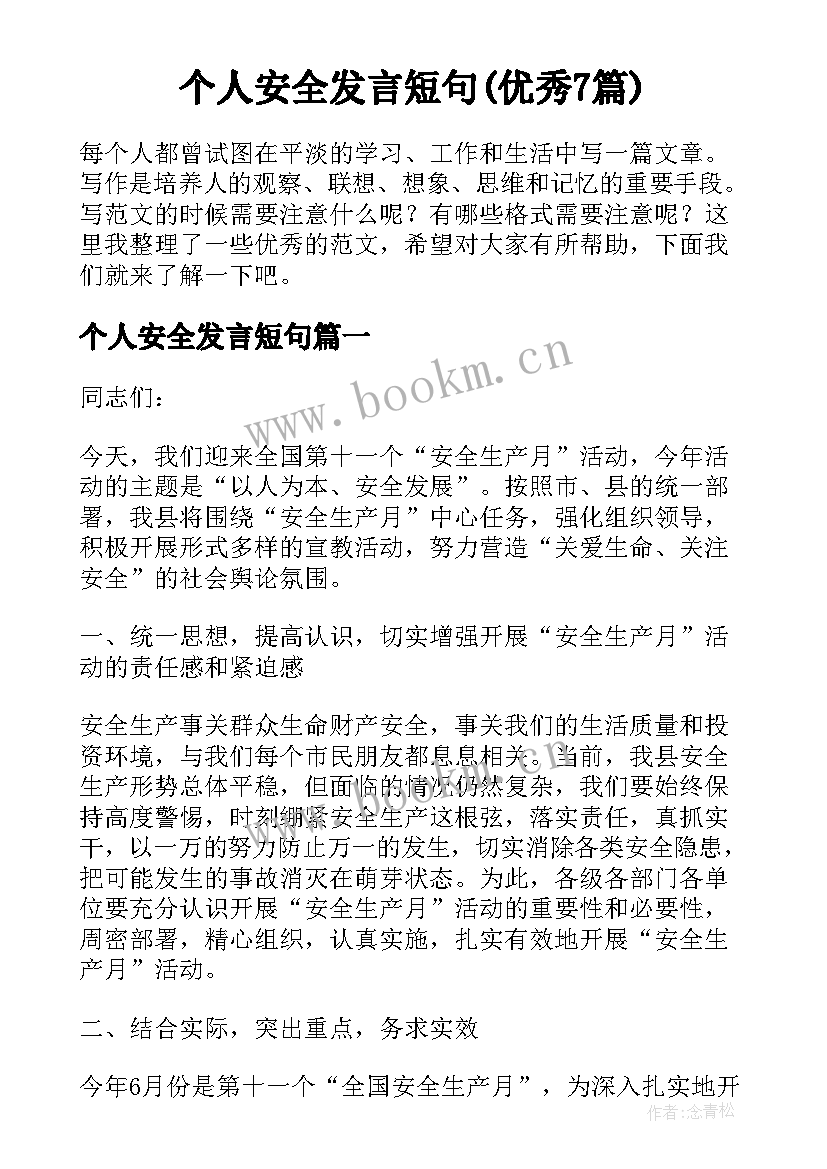 个人安全发言短句(优秀7篇)