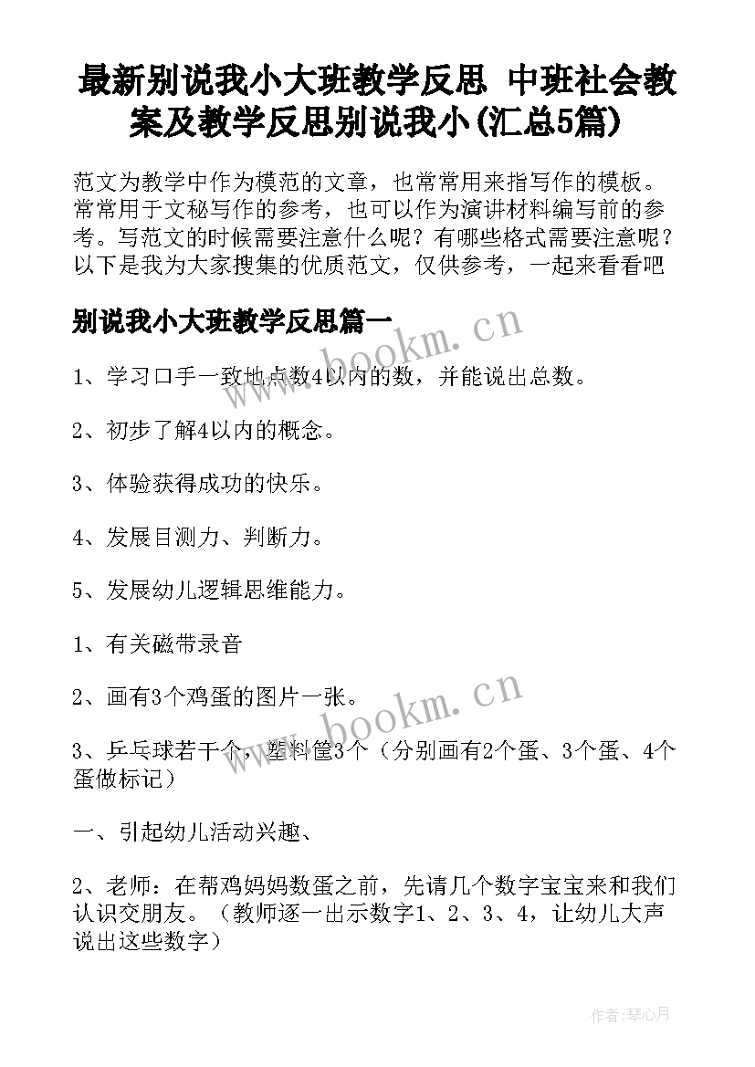 最新别说我小大班教学反思 中班社会教案及教学反思别说我小(汇总5篇)