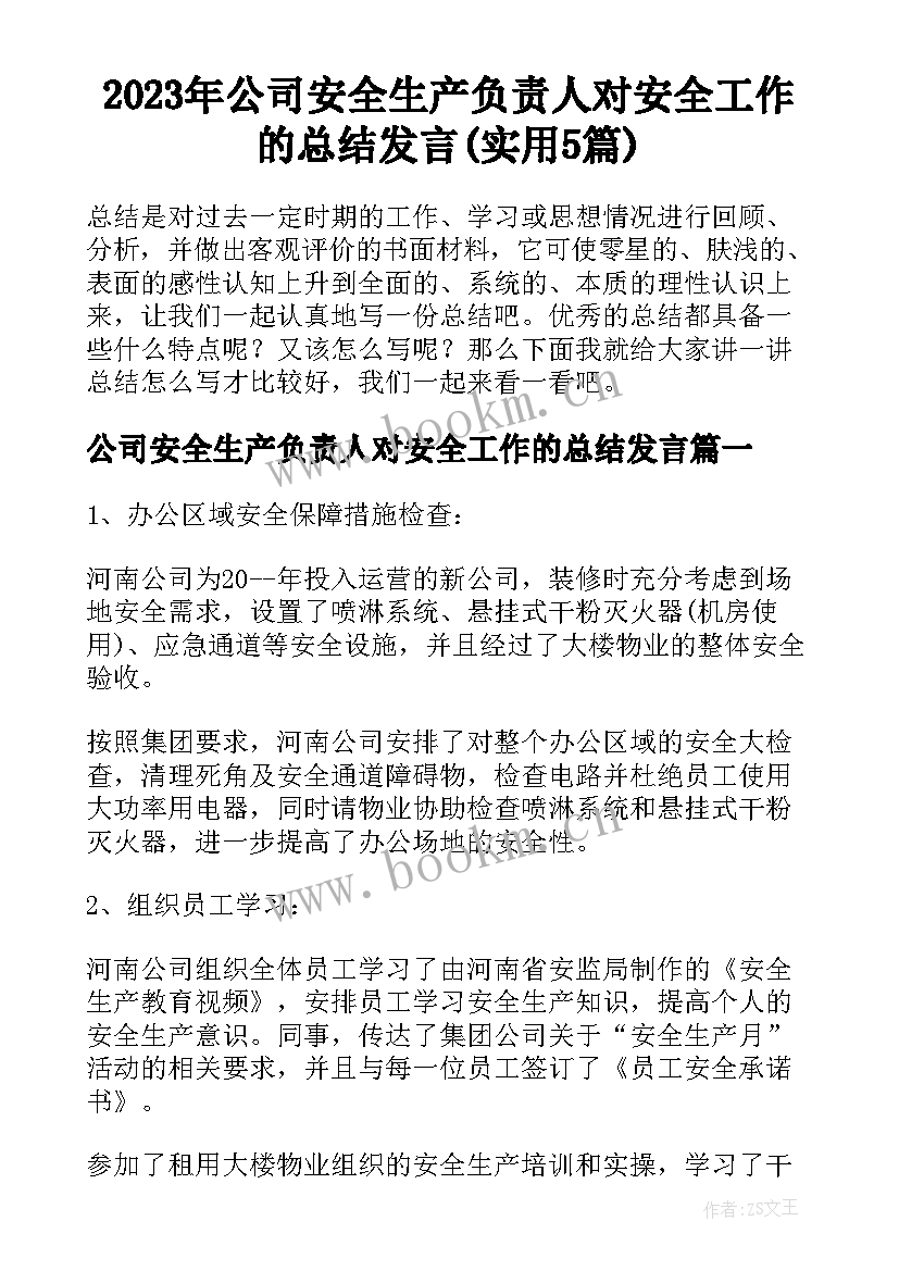 2023年公司安全生产负责人对安全工作的总结发言(实用5篇)