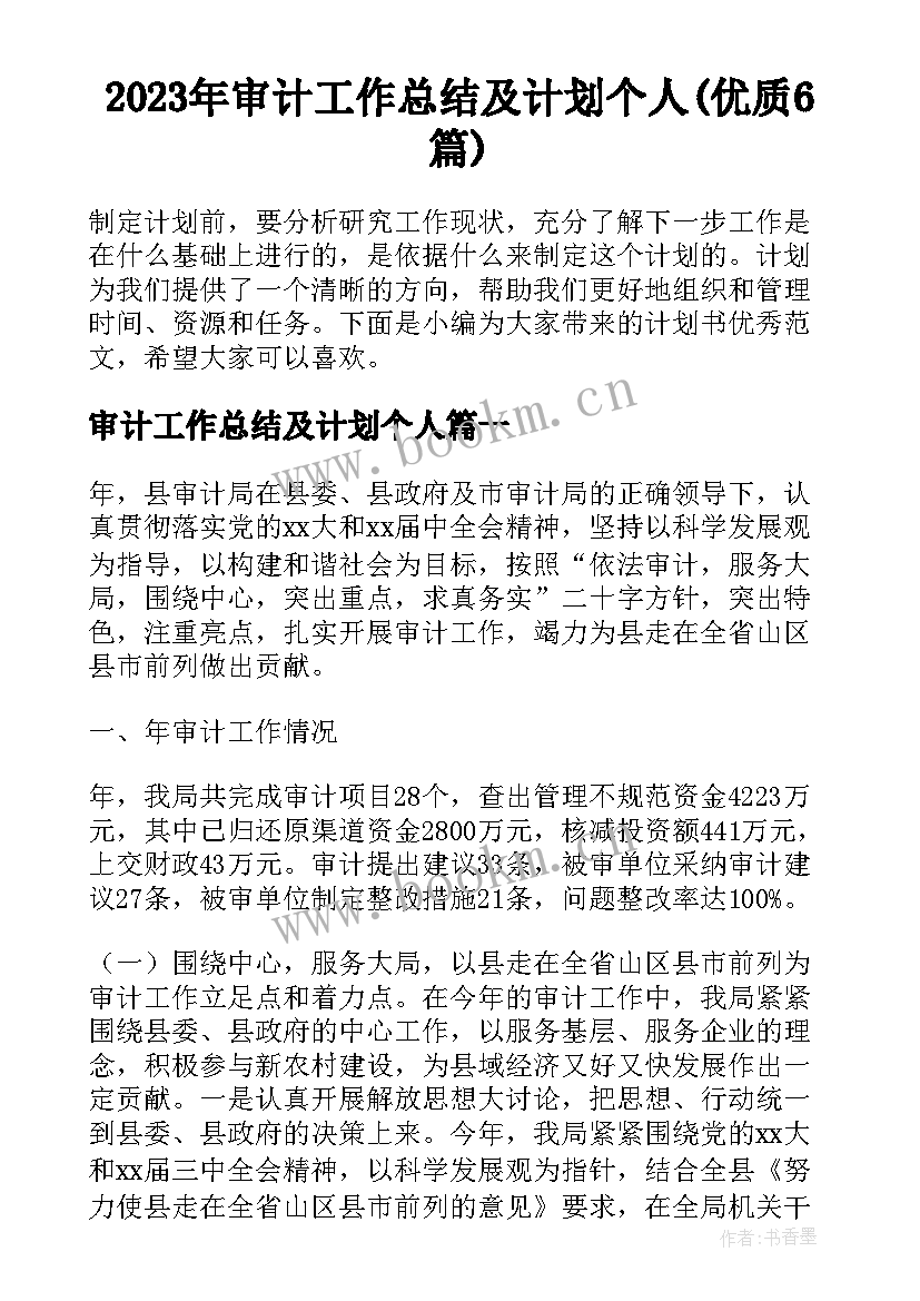 2023年审计工作总结及计划个人(优质6篇)