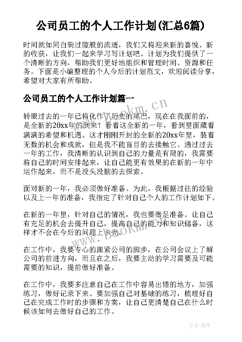 公司员工的个人工作计划(汇总6篇)