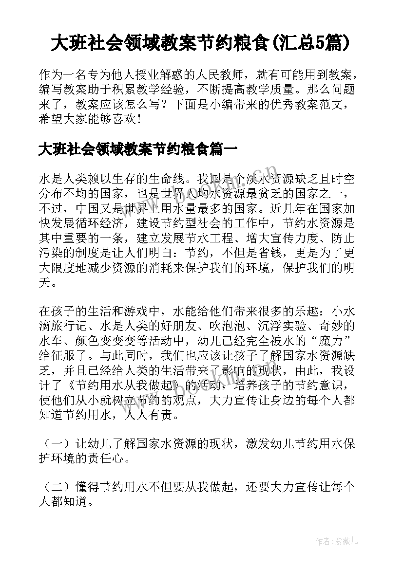 大班社会领域教案节约粮食(汇总5篇)