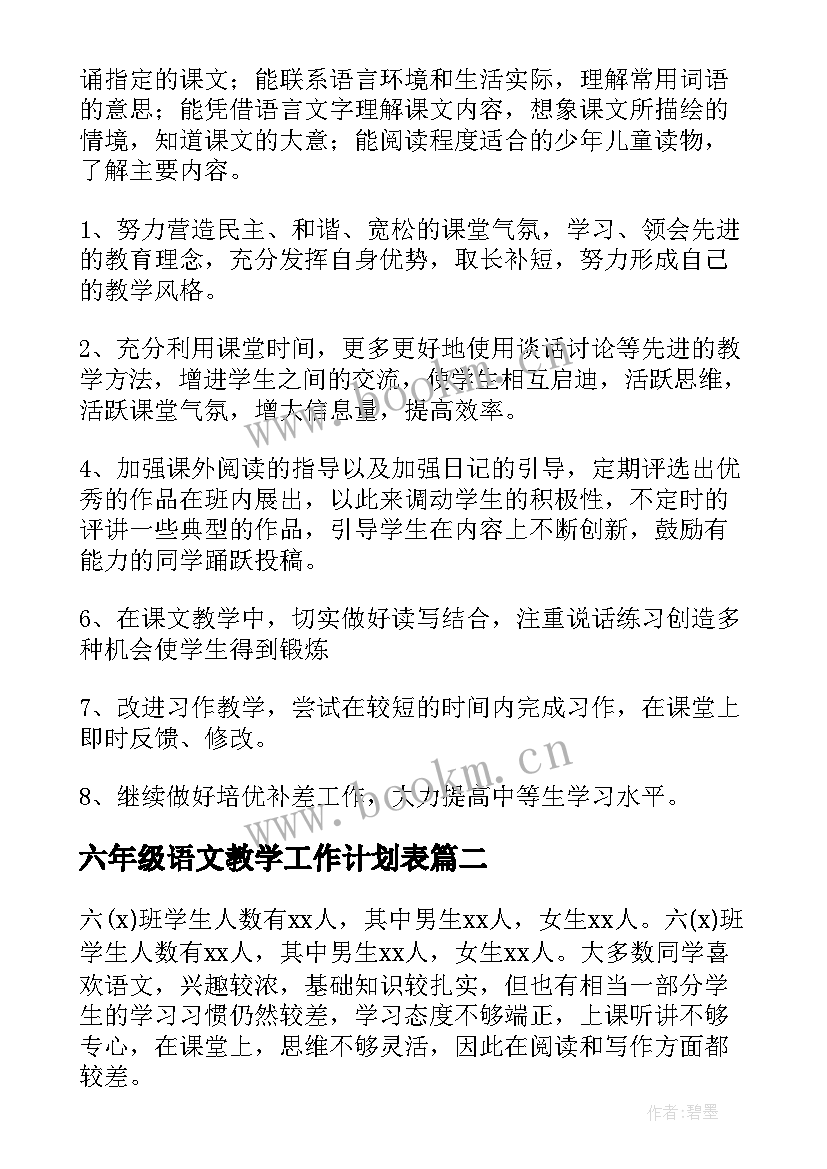 2023年六年级语文教学工作计划表(实用8篇)