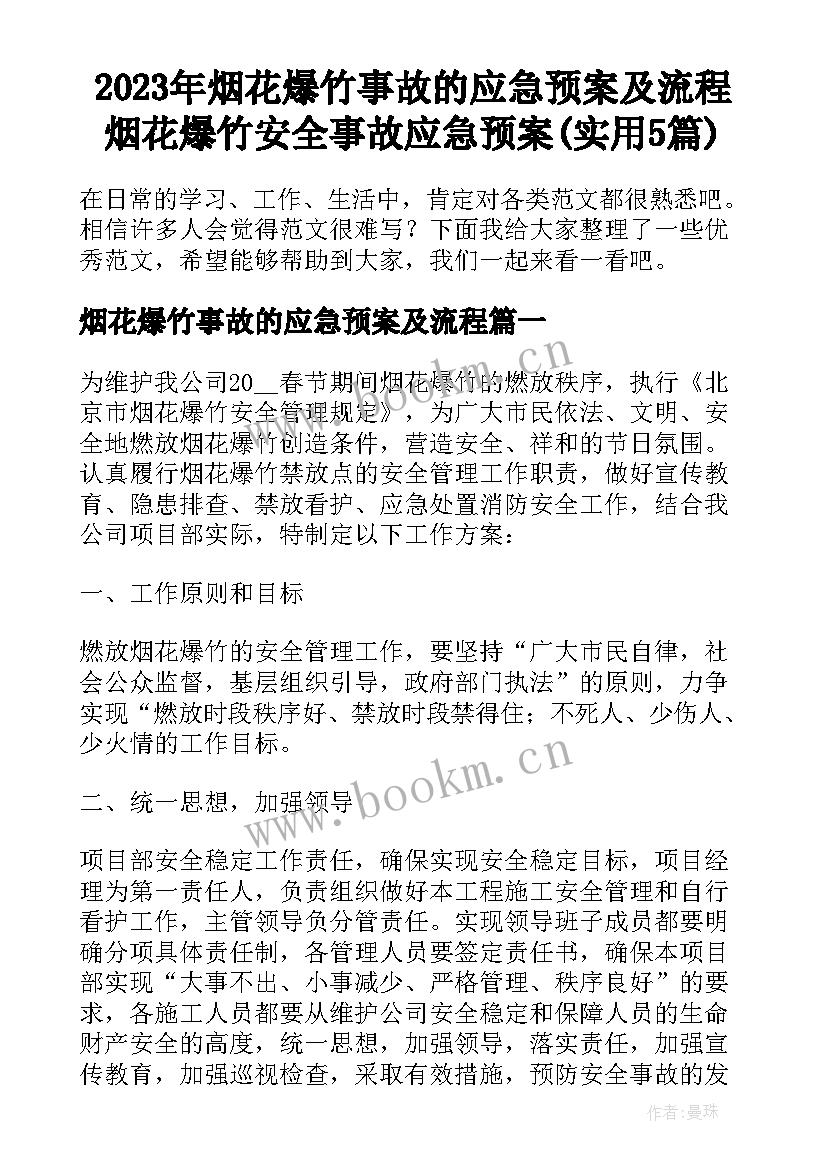 2023年烟花爆竹事故的应急预案及流程 烟花爆竹安全事故应急预案(实用5篇)